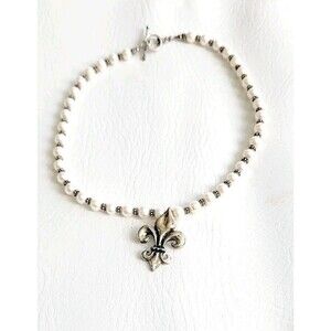 Designer Sterling Silver Fleur De Lis Pendant Freshwater Pearl Necklace 56g